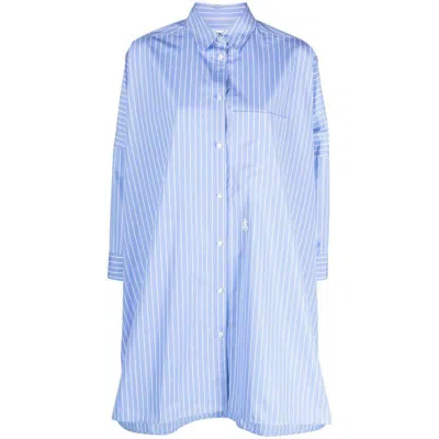 Jil Sander Sunday Long Shirt In Light-blue Cotton Poplin With White Stripes. Casual Squar