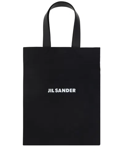 Jil Sander Logo Print Cotton-linen Blend Tote Bag In Black