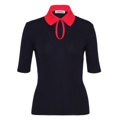 Jil Sander Two-tone Ribbed Wool Polo Shirt In Blue