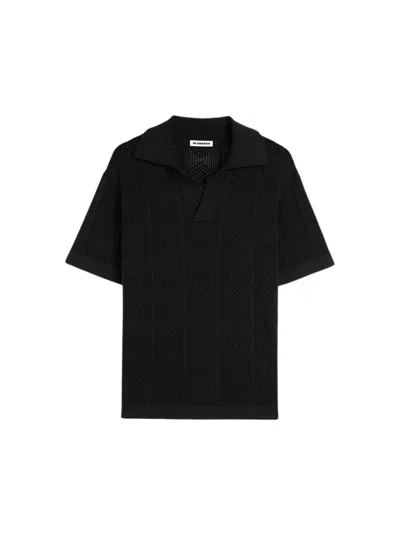 Jil Sander Open-knit Cotton Polo Shirt In Black