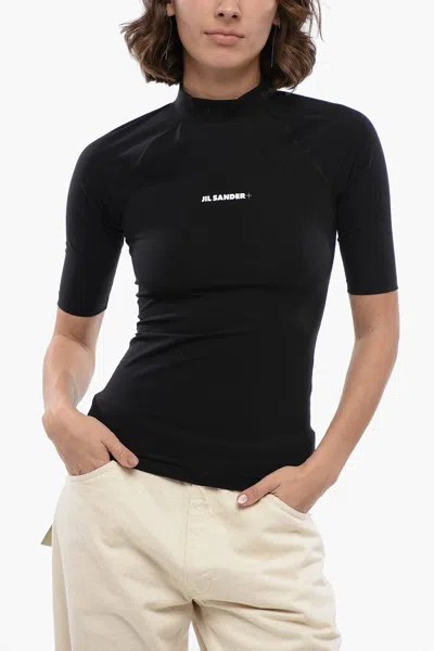 Jil Sander Short-sleeved Tech Fabric Top With Printed Logo In Black  
