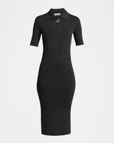 Jil Sander Short-sleeve Rib Knit Midi Polo Dress In Black