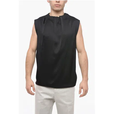 Jil Sander Silk Blend Tank Top With Pleated Neck In Black