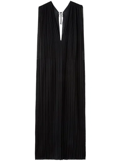 Jil Sander Pleated Plunge-neck Silk Dress In Black