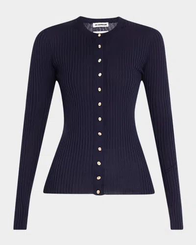 Jil Sander Silk Ribbed Crewneck Cardigan In Midnight