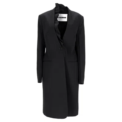 Jil Sander Single-breasted Neck Ruffle Detail Coat In Black Wool