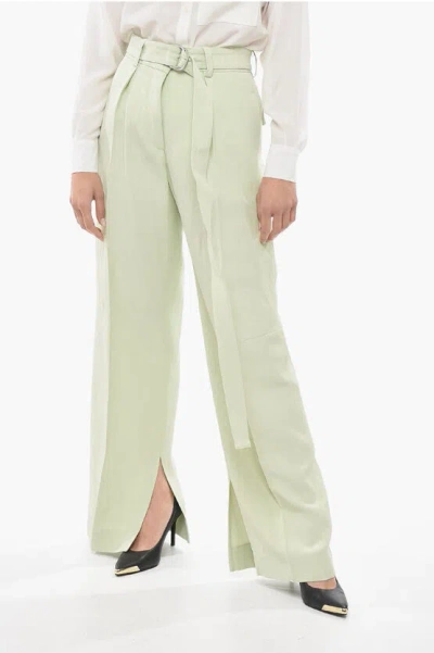 Jil Sander Single-pleated Flax Blend Trousers With Belt In Green