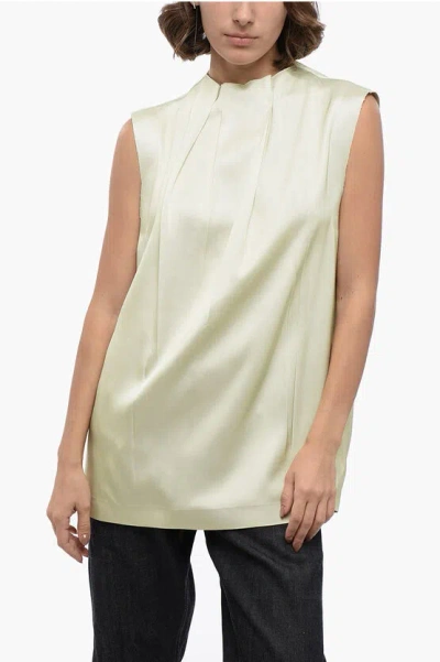 Jil Sander Sleeveless Silk Blend Blouse With Pleated Design In Green