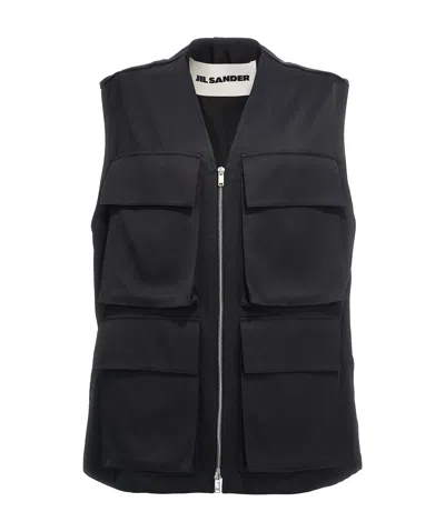 Jil Sander '14' High Collar Sleeveless Vest With Multiple Pockets In 黑色的