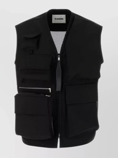 Jil Sander Sleeveless Wool Blend Jacket With Structured Shoulders And Front Pockets In Black