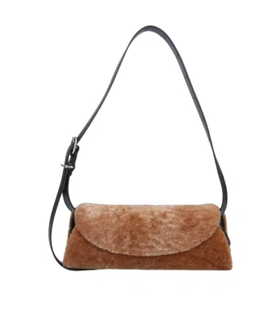 Jil Sander Small Cannolo Shearling Shoulder Bag In Beige