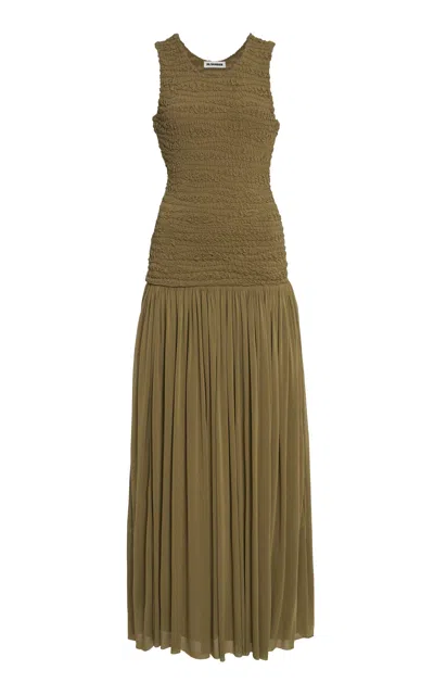 JIL SANDER SMOCKED DROP-WAIST GEORGETTE MAXI DRESS