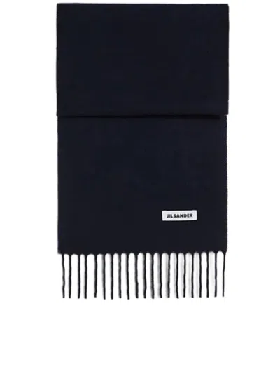 Jil Sander Solid Black Fringed Ends Scarf In Purple