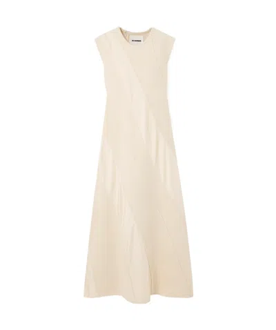 Jil Sander Paneled Cotton And Wool-blend And Satin Midi Dress In Neutral