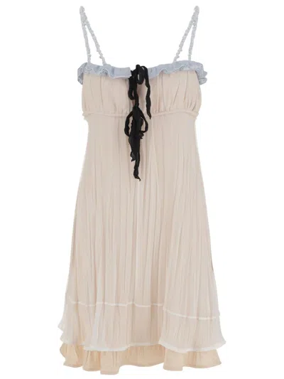 JIL SANDER STRAIGHT NECKLINE SILK DRESS WITH RUFFLE DETAIL