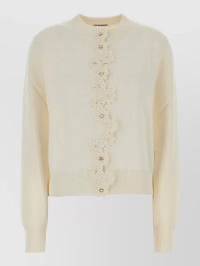 Jil Sander Stretch Viscose Cardigan Floral Applique Knit In White