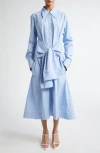 Jil Sander Bow-detailed Striped Cotton-poplin Midi Shirt Dress In Blue Sky