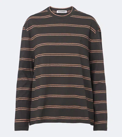 Jil Sander Embroidered Cotton Striped Crew Neck Top In Black