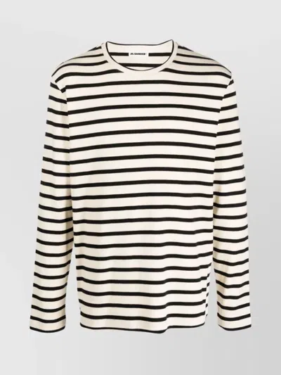 Jil Sander Striped Crew Neck Cotton Sweater In Neutrals