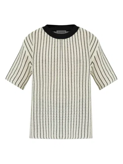 Jil Sander Crochet Stripe T Shirt Contrast Crew Neck In Neutral