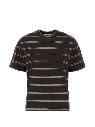 Jil Sander Embroidered Cotton T-shirt With Striped Motif In Black