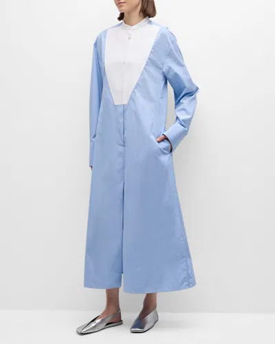 Jil Sander Striped Long-sleeve Bib Maxi Shirtdress In Open Blue