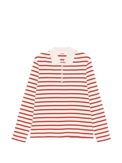 Jil Sander Cotton Polo Shirt Striped Knit Long Sleeves In Red