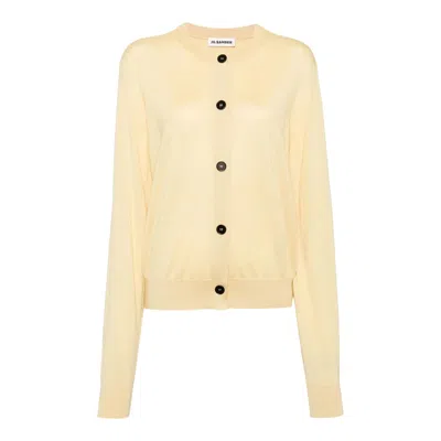 Jil Sander Superfine Crew Neck Cardigan In Yellow