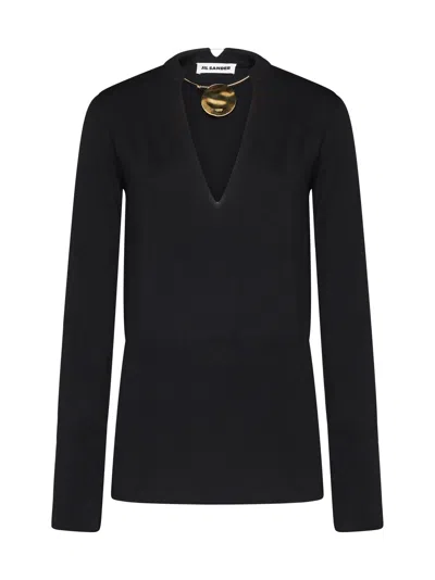 Jil Sander Superfine Merino Crew Neck Long Sleeve Knit With Integrated Jewel Necklace In Black