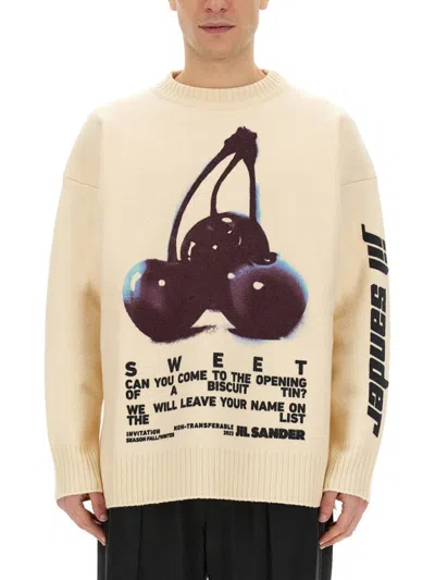 Jil Sander Playful Wool Knit Sweater With Cherry Embroidery In Beige