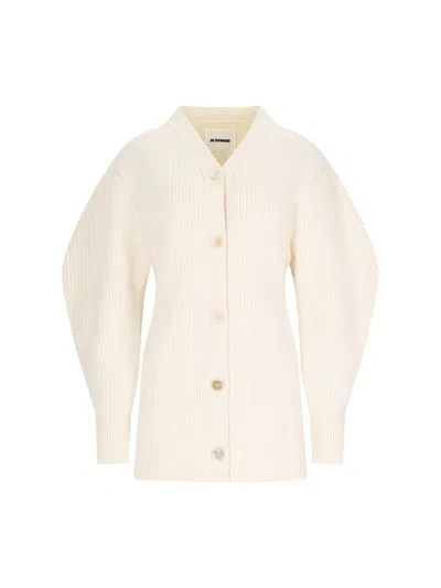 Jil Sander Long Ribbed Wool Cardigan In Beige