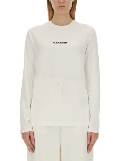 Jil Sander Crew Neck Long Sleeve Boxy Fit Printed Logo Sweatshirt In White
