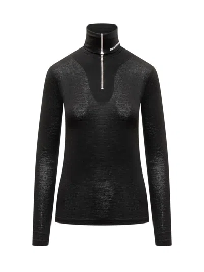 Jil Sander Printed Logo Zipped Turtleneck Top In Black