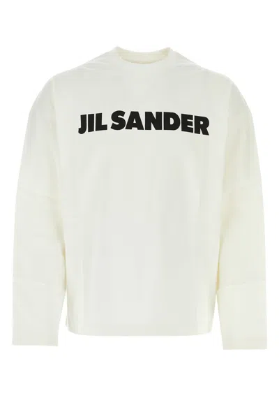 Jil Sander White Long Sleeve T-shirt With Contrasting Logo Print In Lightweight Cotton Man