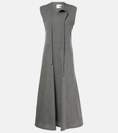 Jil Sander Tie-neck Virgin Wool Canvas Midi Dress In Grau