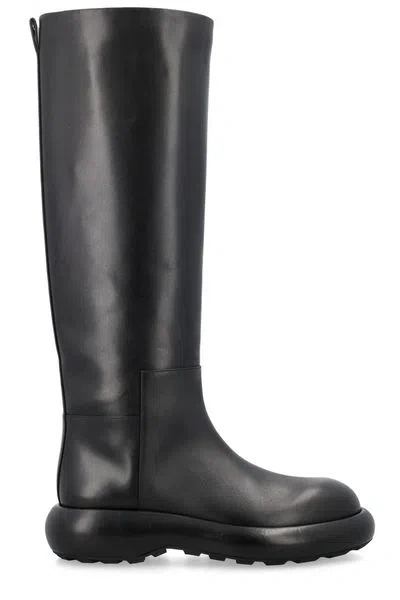 Jil Sander Timeless Louche Sophistication: Full Grain Leather Knee High Boots In Black