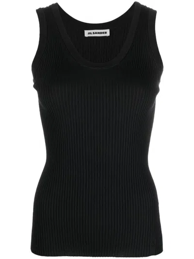 Jil Sander Superfine Merino Silk Crew Neck Long Sleeve Rib Knit In Black