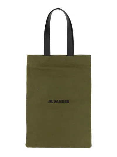 Jil Sander Logo Embossed Leather Tote Bag In Military Green