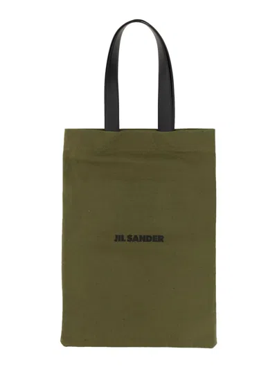 Jil Sander Logo Embossed Leather Tote Bag In Military Green