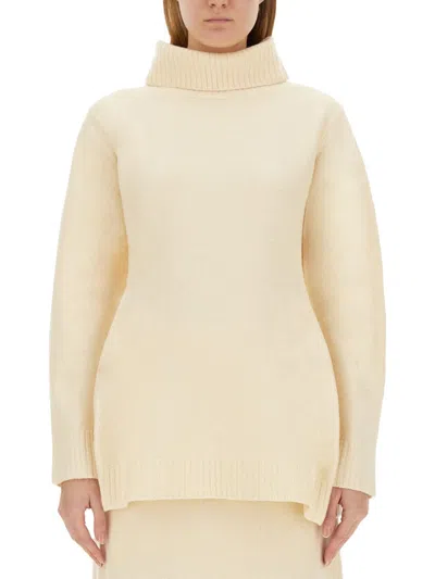 Jil Sander Cutout Wool Turtleneck Sweater In White
