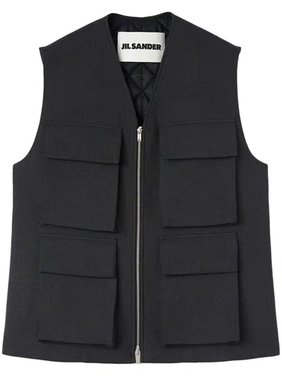 Jil Sander Virgin Wool Tactical Vest In Charcoal