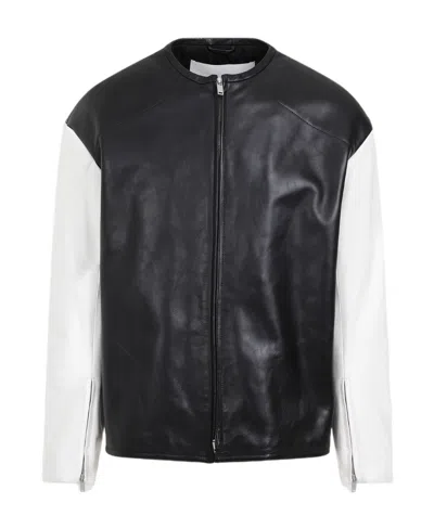 Jil Sander Two-tone Leather Biker Jacket In Black