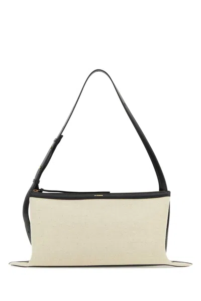 Jil Sander Two-tone Canvas And Leather Medium Empire Shoulder Handbag In Neutral