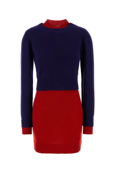 Jil Sander Two-tone Wool Blend Dress In Blue