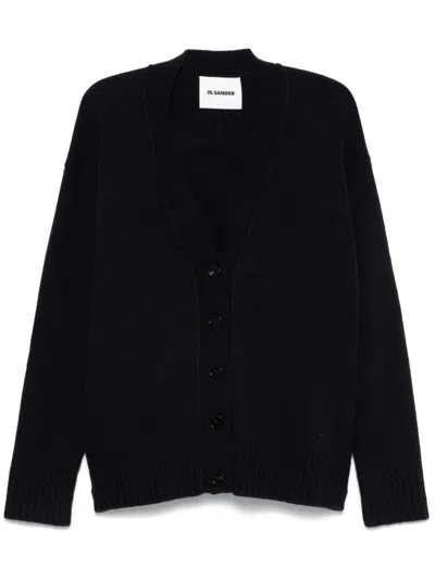 Jil Sander Ribbed Trimmings V-neck Wool Cardigan In Black