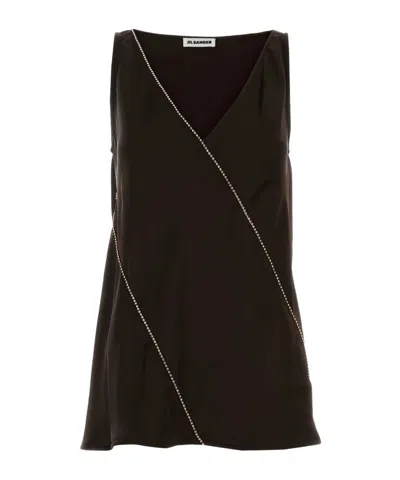 Jil Sander Viscose Top Asymmetric Embellished Sleeveless V Neckline In Brown