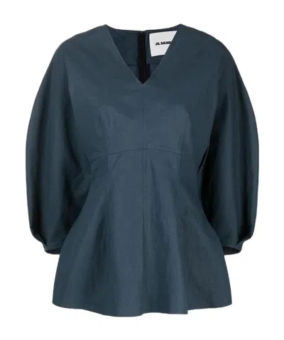 Jil Sander V-neck Peplum Blouse In Blue