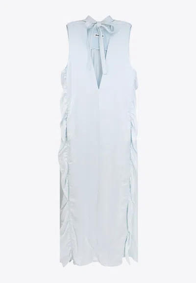 Jil Sander V-neck Ruffle Trim Maxi Dress In Blue