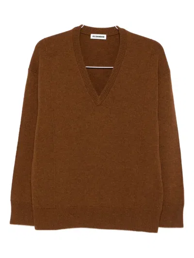 Jil Sander V-neck Wool-blend Sweater In Brown