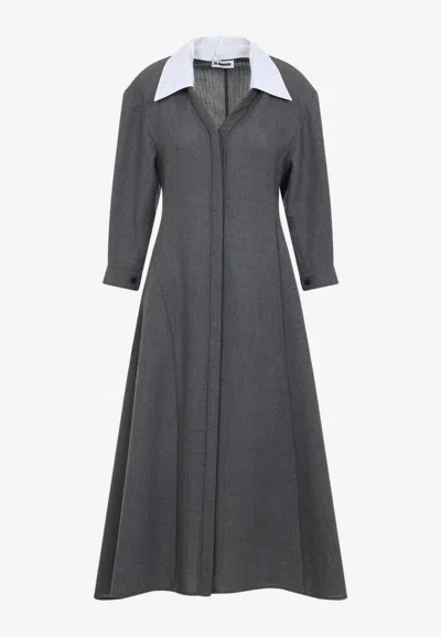Jil Sander V-neck Wool Canvas Midi Dress In Gray
